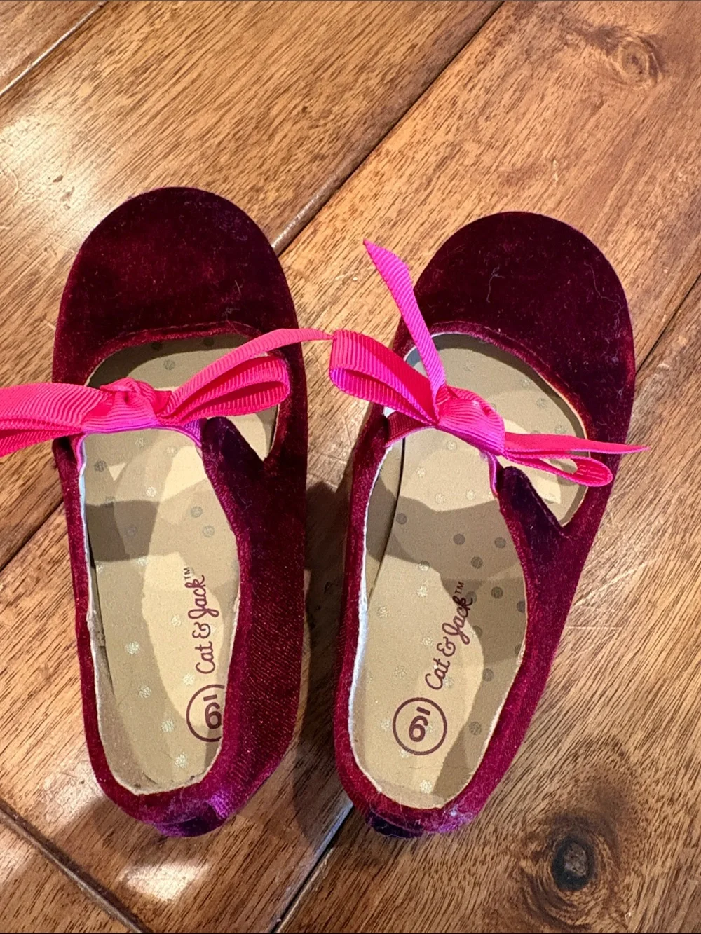 Cat & Jack Velvet Mary Jane Flats in Deep Red with Pink Bow